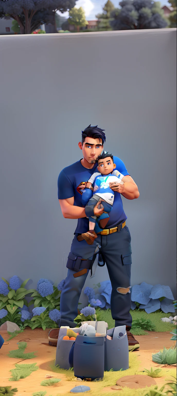 A young man with a dark blue shirt with the Superman shield, wearing gray pants, a toned body, a beard and goatee, shaved hair on the side and a mohawk on top, Holding his  son wearing a white shirt and blue pants, Mohawk hair , in front of you a newly planted tree, in the background a lawn and wall