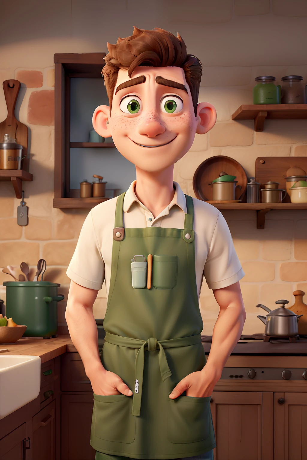 Create an illustration of a man with green eyes and very short hair slicked to the side, Fair skin and a little freckles on face with apron and plain t-shirt making girgerbread cookies in a rustic kitchen. Na bancada tem uma batedeira da marca italiana Smeg e ao fundo um forno estilo anos 50 da marca Smeg