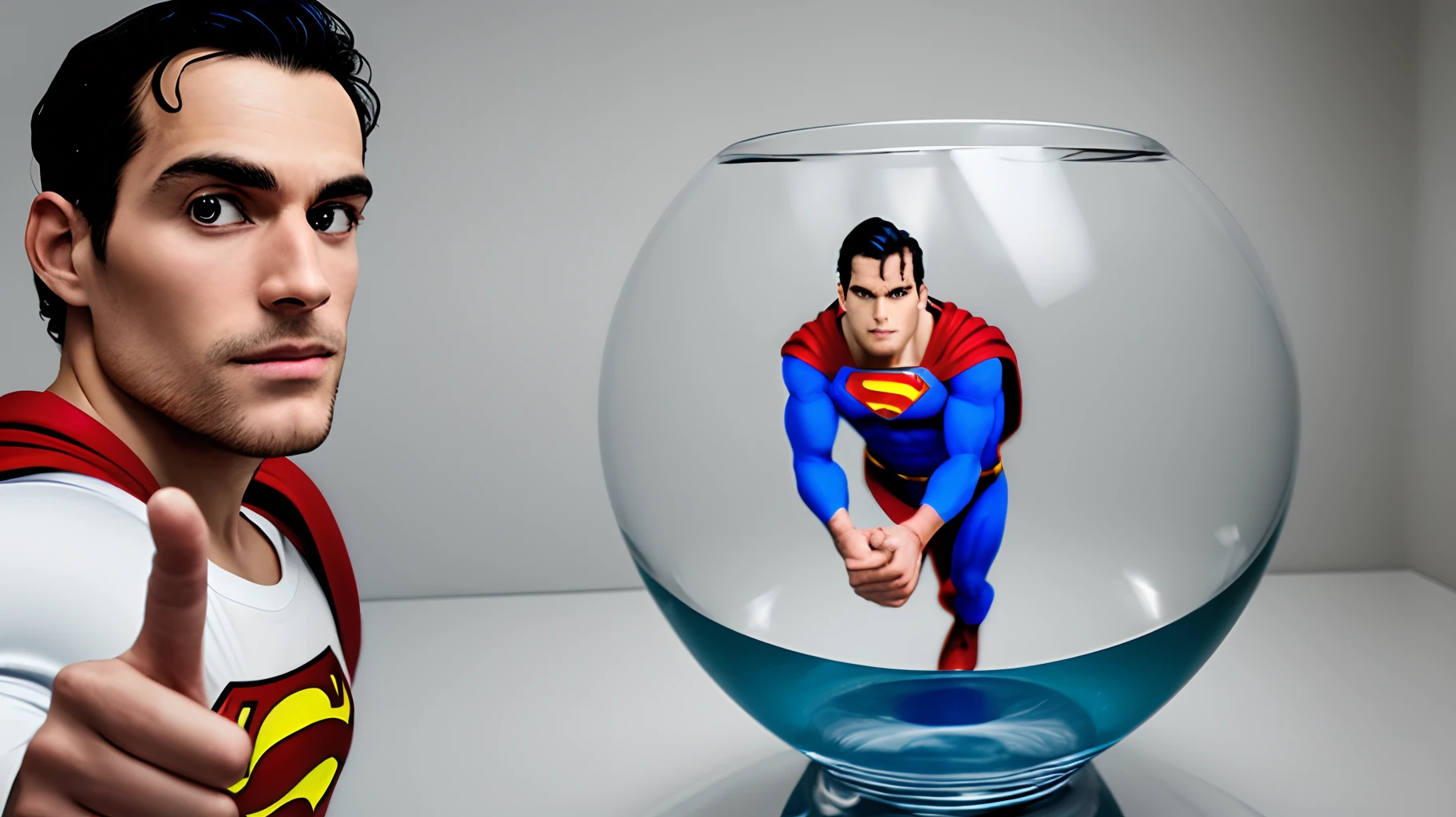 Superman facing camera holding up a 1 with his finger in a fish bowl camera