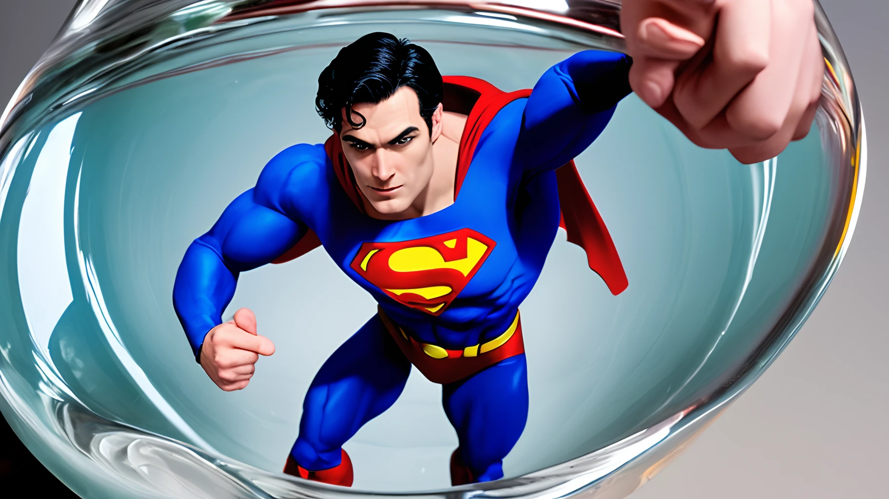 Superman facing camera holding up a 1 with his finger in a fish bowl camera