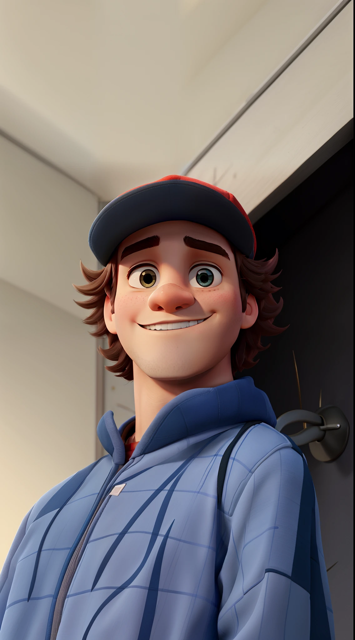A boy wearing a cap, com cabelo grande, estilo disney pixar, alta qualidade.