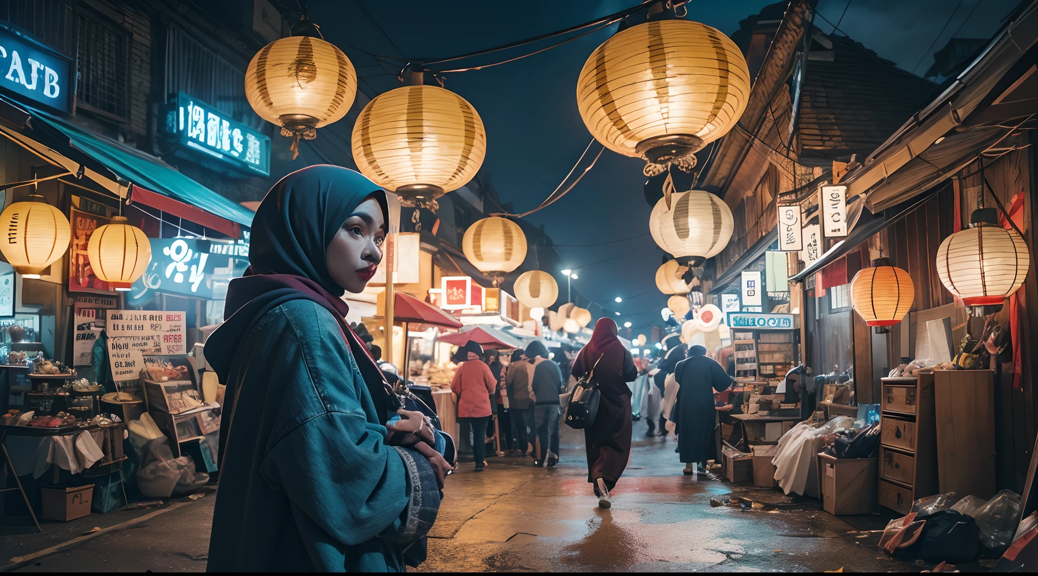 Create a scene in an otherworldly dark alley night market filled with mystical stalls and glowing old scary lanterns. The Malay girl in hijab is navigating the market's mysteries and wonders. 30mm lens, Low angle shot, blue color grading, cinemascope, natural light, Dynamic shadows, horror film, high quality, ultra detail, 8k, Panavision DXL2 camera,