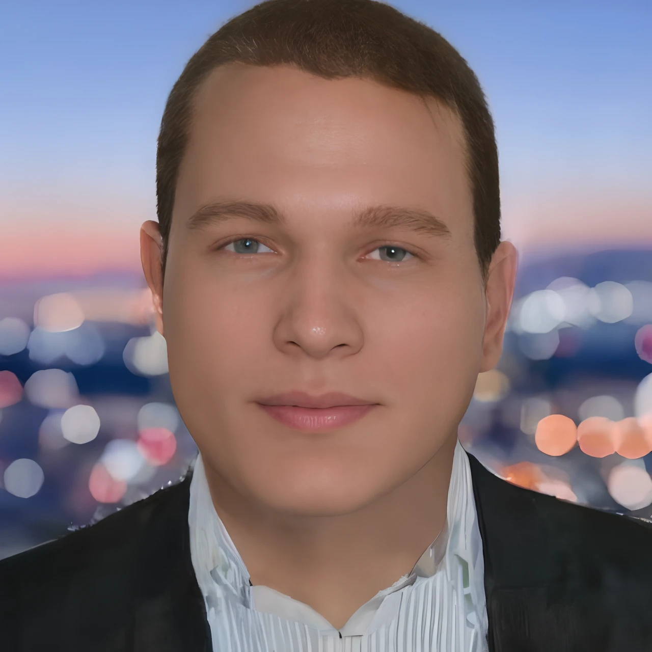 Homem de olhos azuis claros, usando um blazer parado em frente a uma cidade, 8k portrait render, retrato de alta qualidade, 3 d demo carretel avatar, semi-realistic rendering, rosto realisticamente renderizado, Retrato VFX altamente detalhado, 3 d render de jerma 9 8 5, Foto profissional detalhada, hyper real render, imagem do avatar, rosto detalhado real