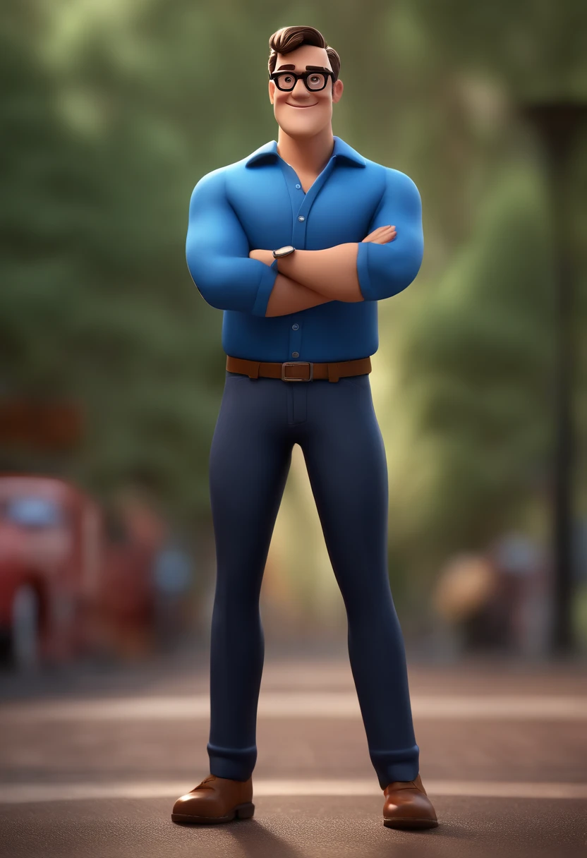 Cartoon character of a man with black glasses and a blue shirt, animation character, Caractere estilizado, animation style rendering, 3D estilizado, Arnold Maya render, 3 d render stylized, toon render keyshot, Personagem 3D, Personagem 3D, 3d rendering stylized, 3 d character render, personagem de desenho animado, Personagem de close up, Pose de personagem,  (Estilo Pixar) (master part:1.2) (Bokeh) (best quality) (pele detalhada) (textura detalhada) (8k) (argila) (Cinematic lighting) (foco nítido
