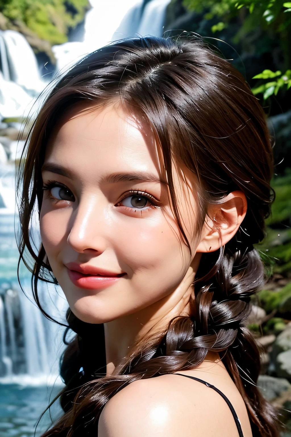 (pixer style: 1.25) portrait of girl, Natalie portman, Smiles, Natural Skin Texture, 4K textures, nffsw, with an intricate, Highly detailed, Sharp Focus, Off-the-shoulder purple、Cinematic Look, ultra-detailliert、(In front of a waterfall in the forest)、With smiling eyes、Colossal tits、Curly hair in braids、((facial close-up)))、