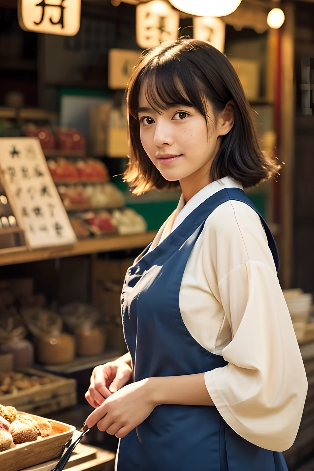 1girl,fullbody photo,japanese,25old year,a little freckles,working at Traditional stall in japan,Traditional clothes,Proper body proportion,Super high-quality output images,hight resolution,Intricate details,Hair fluttering in a very delicate and beautiful wind,photos realistic,Dreamy,Professional Lighting,realistic shadow,Solo Focus,Beautiful hands,Beautiful fingers,Detailed finger features,detailed clothes features,Detailed hair features,detailed facial features,