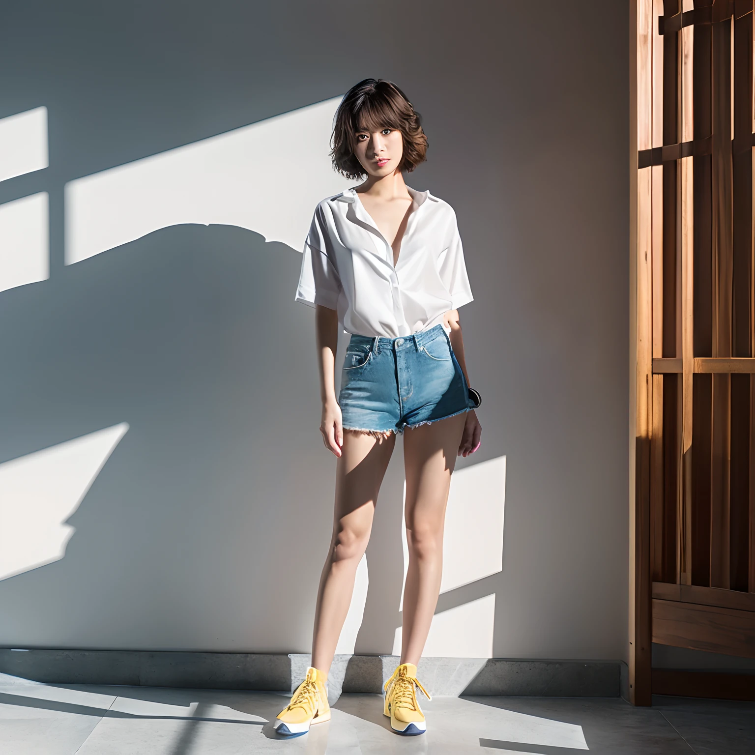mix4, 20d, solo, short_hair, shirt, high_hee Is, full_body, look_at_viewer, (8k, RAW pho tography, top quality, masterpiece: 1.2), (r ealistic, photorealistic:1.37), professional | ighting, photon mapping, radiosity,physic ally based rendering
