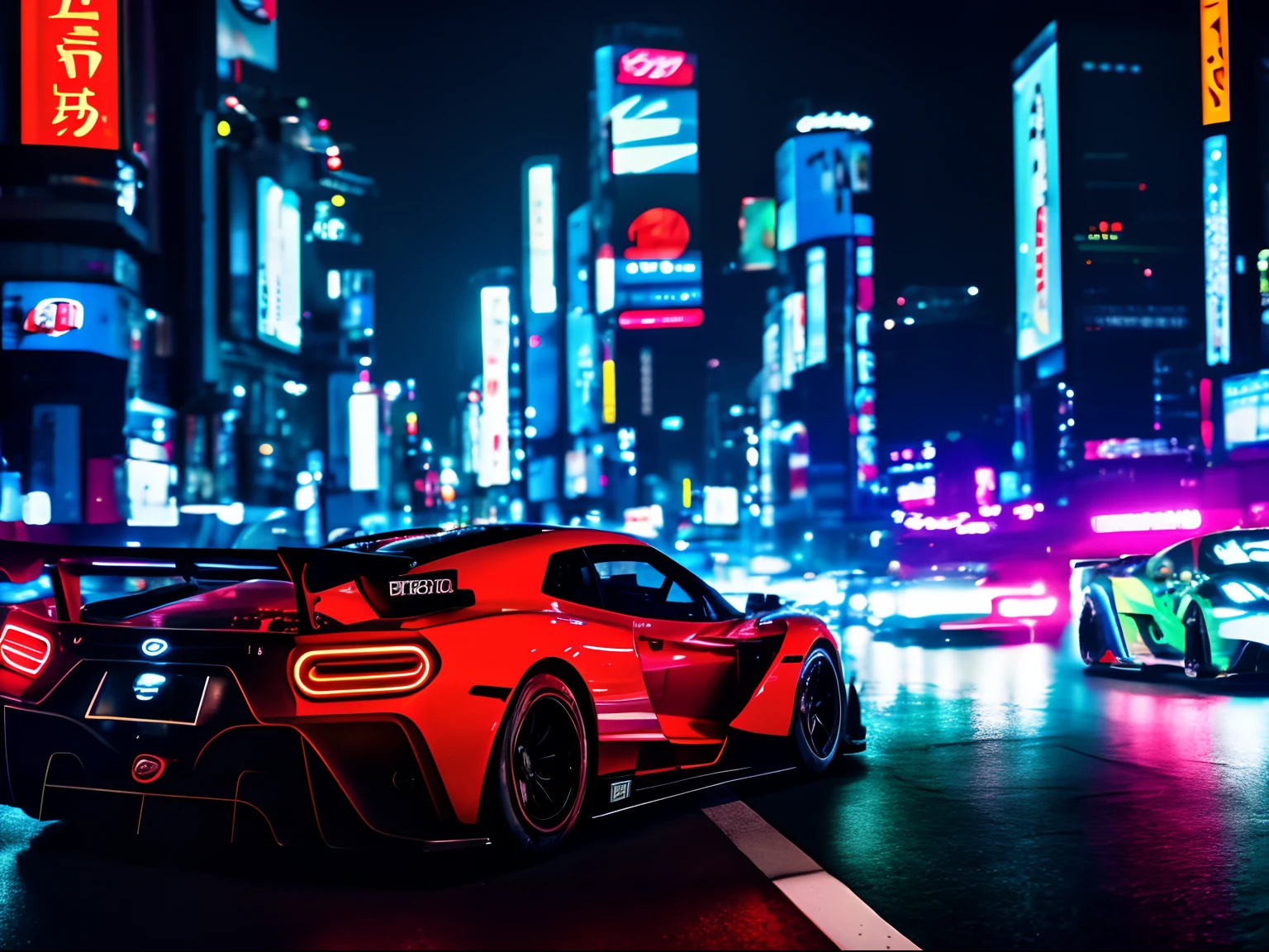 Cinematic shot [supercar] on illegal race on [Tokyo Streets], [at night, neon lighting], [low angle], action scene, dynamic action, film grain, motion blur, Epic realism, raw photo, highly-detailed, 8k, in the style of Tokyo Drift