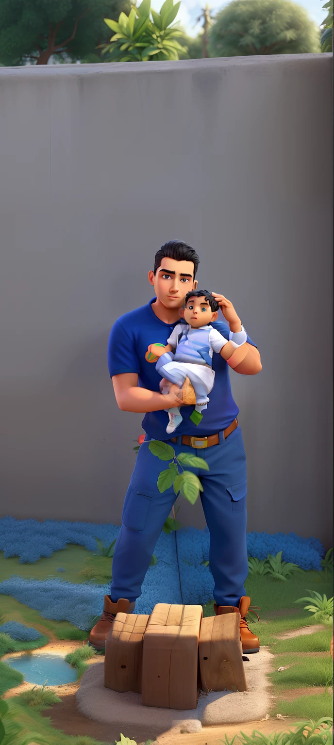 A young man in a dark blue shirt with Superman symbol, wearing grey pants, corpo malhado, possui barba e cavanhaque, cabelo raspado no lado e moicano em cima, Holding her newborn son wearing white blouse and blue pants, Mohawk hair and indigenous eye, In front of them a newly planted tree, de fundo um gramado e muro