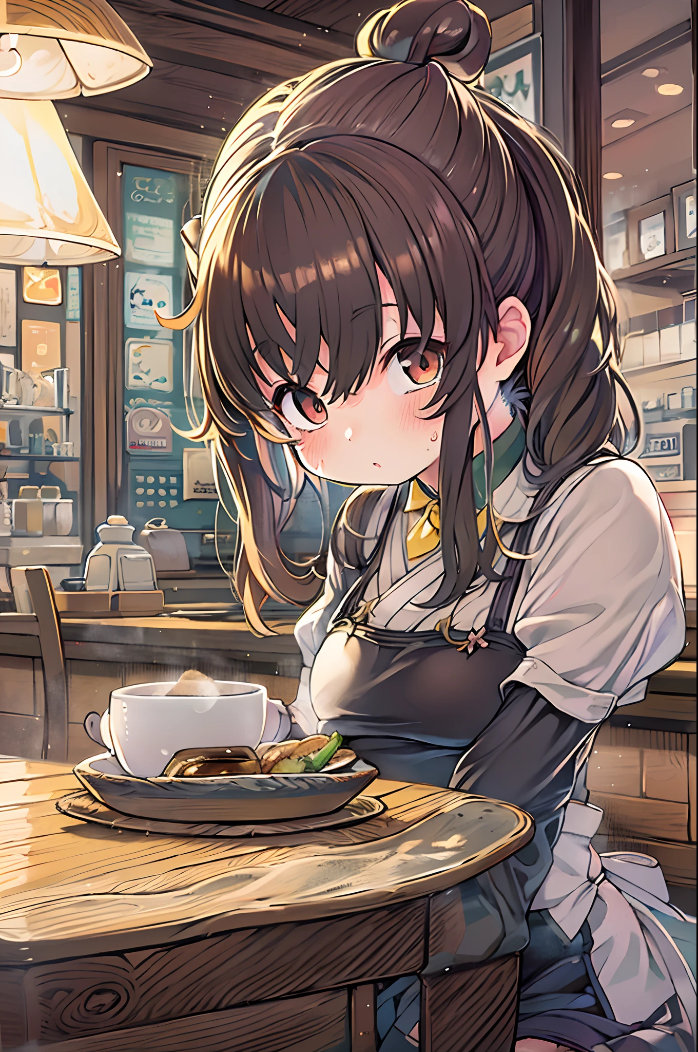 Anime girl in restaurant serving a cup of coffee, ( woman samurai ) girl, mysterious coffee shop girl, (SFW) safe for work, marin kitagawa fanart, small curvy loli, harry potter in a maid’s uniform, anime moe art style, cooking it up, nishimiya shouko, Chic, Morning Coffee, Umamusume, shinkai makoto