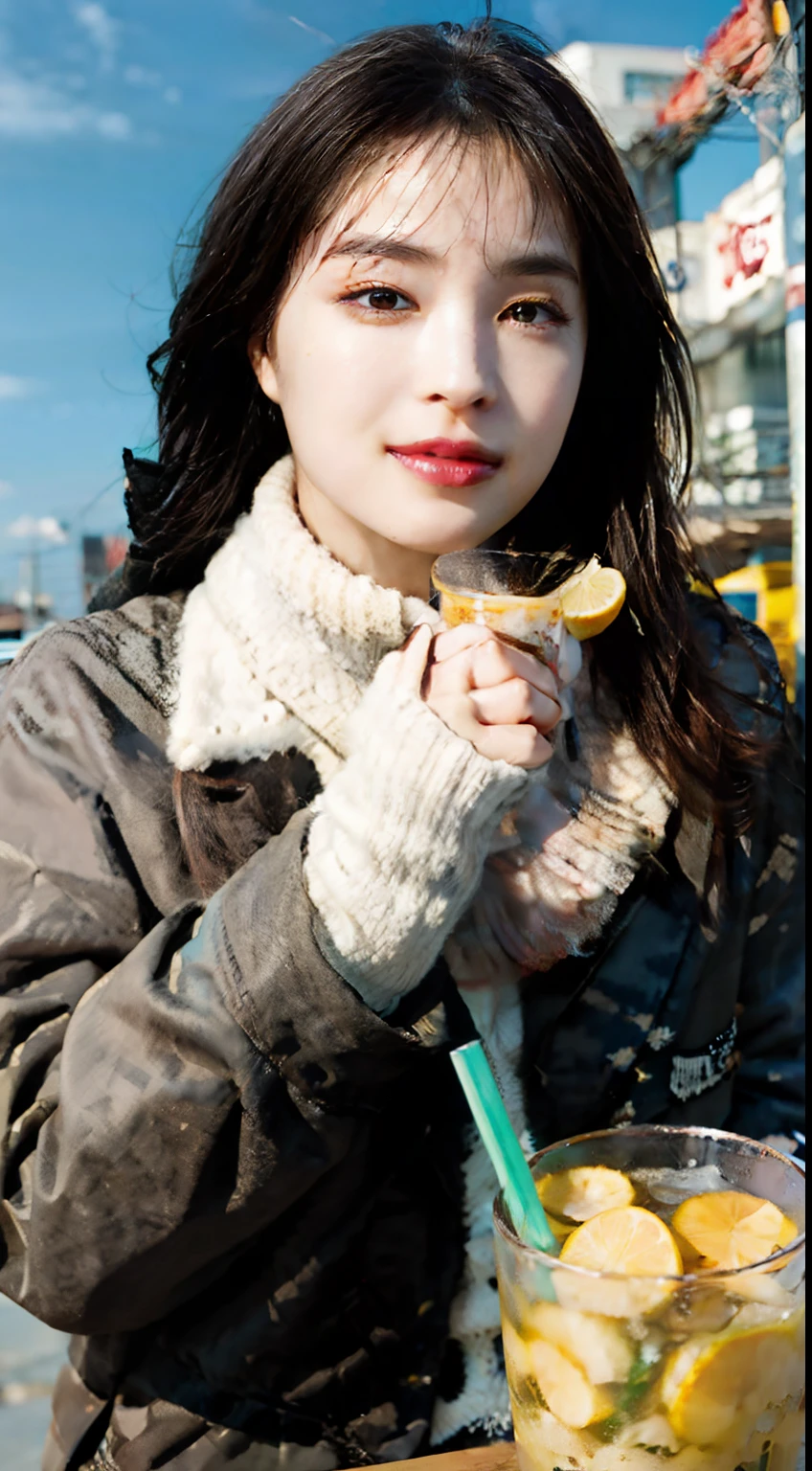 grey sweater,Burgundy leather coat,Gray hair,Ethereal Atmosphere,Ice cubes,lemon juice,drinks,Sunny with blue sky,Beautiful cloud