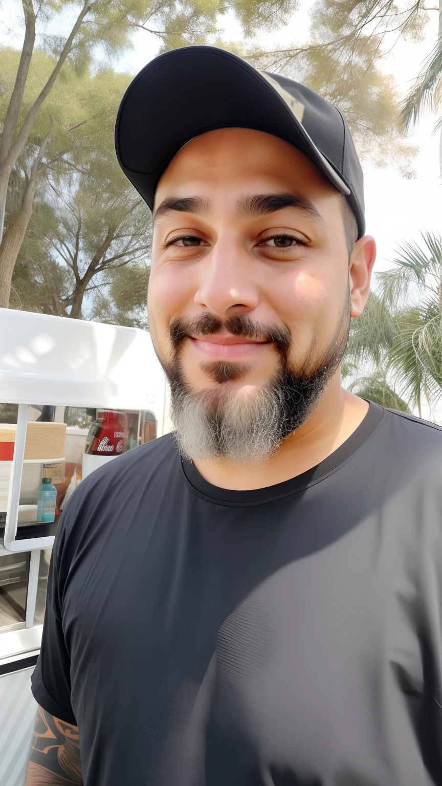 There's a man with a beard and hat standing in front of a food truck, taken in the late 2010s, Marcos Silvestri, alguma barba, looking to the side off camera, homem com barba, taken in the early 2020s, French Man, Luisiana, jason fabok, alguns cabelos grisalhos na barba