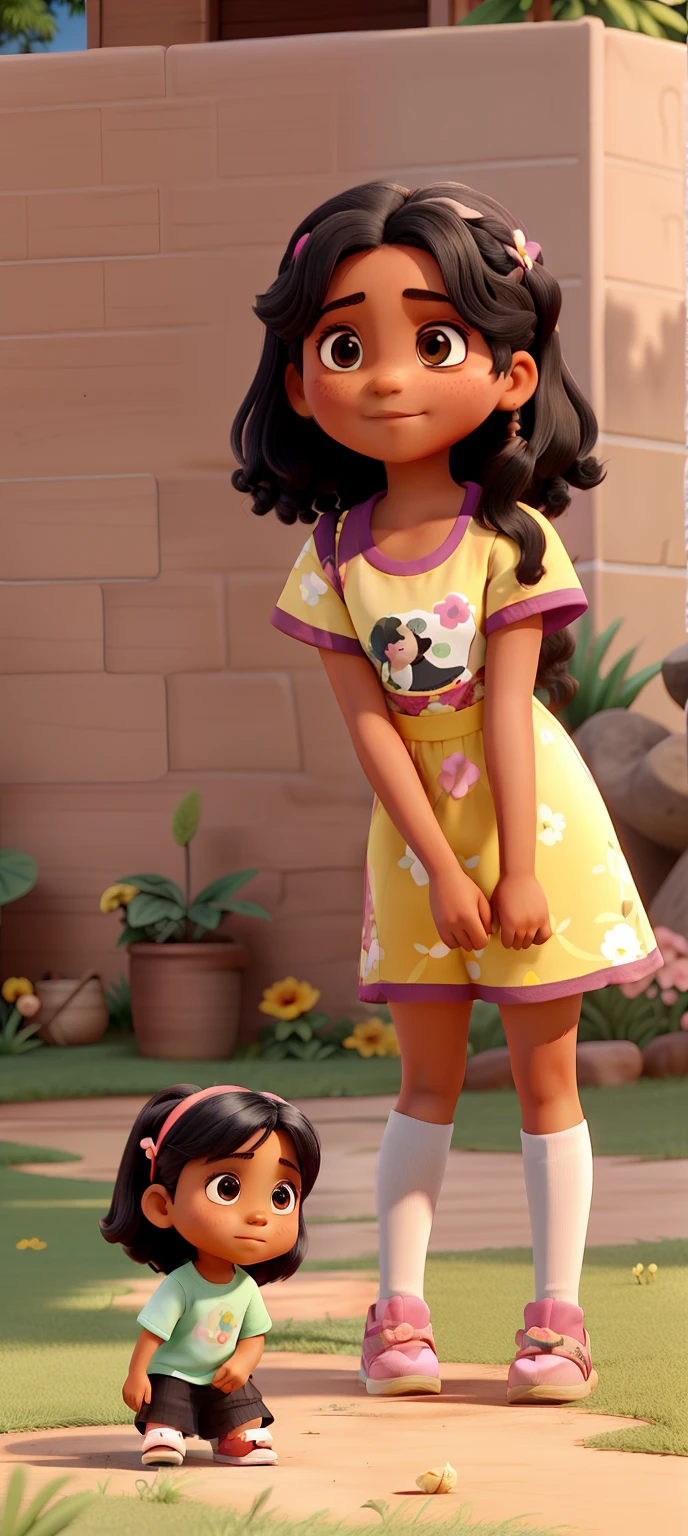 uma menina com cabelo preto, usando um vestido floral e chinelo rosa, Segurando seu filho no colo, She has an indigenous appearance, in the background a lawn and next to it a planted tree