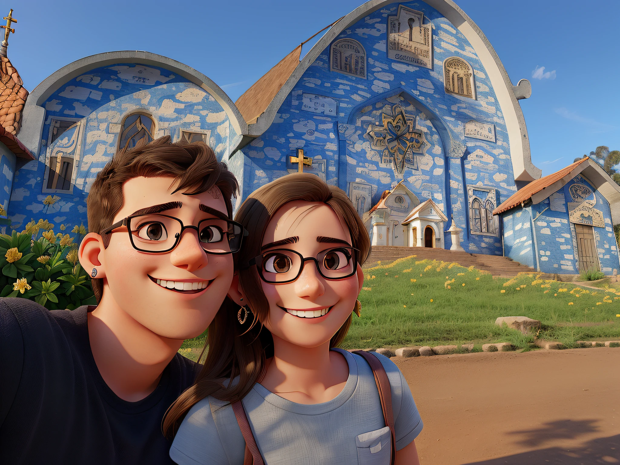 a guy and a girl smiling, on a sunny day, in front of a famous chapel in Minas Gerais, he has earrings and she is wearing glasses