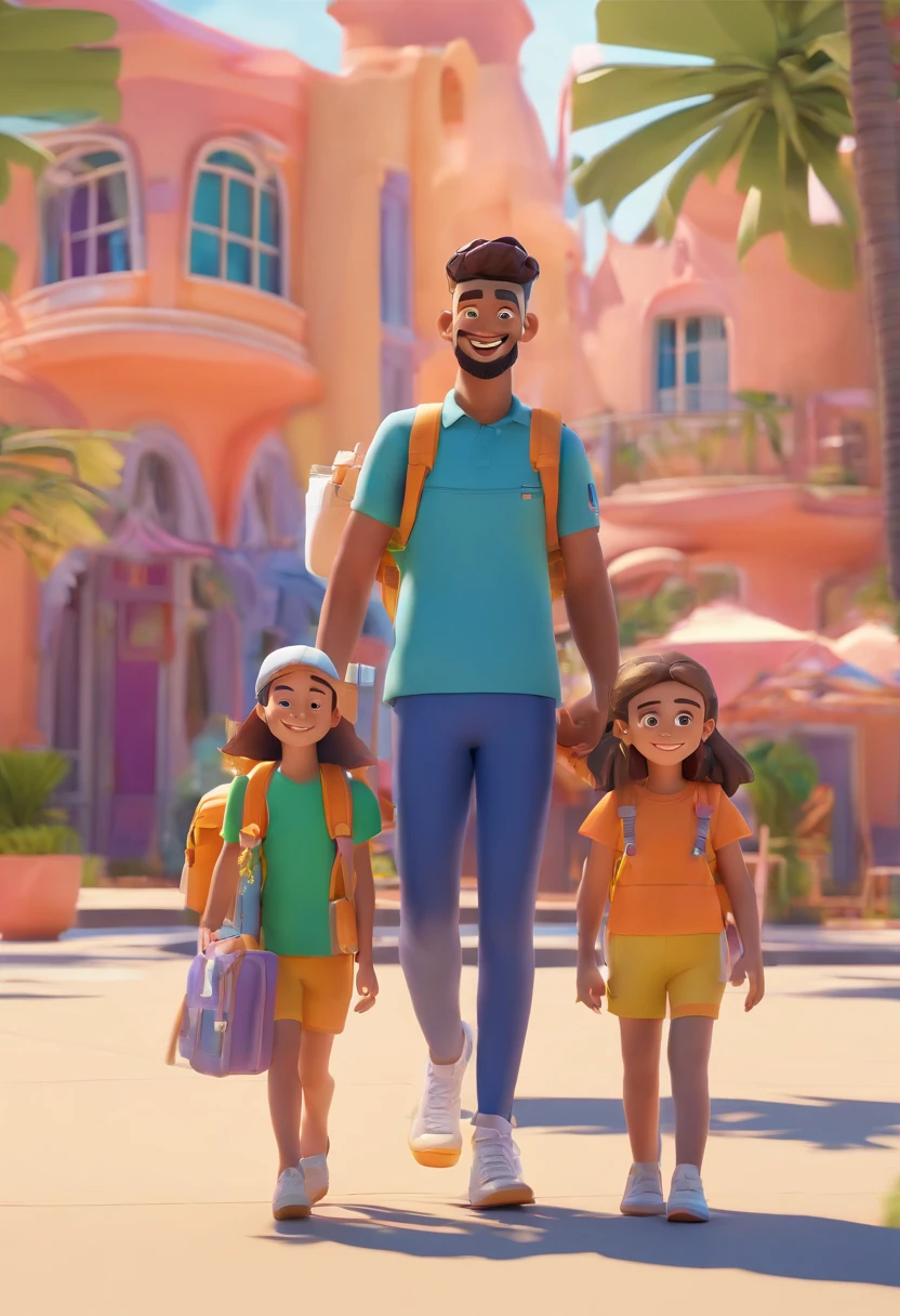 A family in cartoon style carrying backpacks on vacation with happy smiles, Palmeiras, Front view, fundo branco todo, design de streetwear, vetor pro, Apenas 10 cores, solid colours, sem sombras, design completo, cores frias, etiqueta, cores brilhantes
