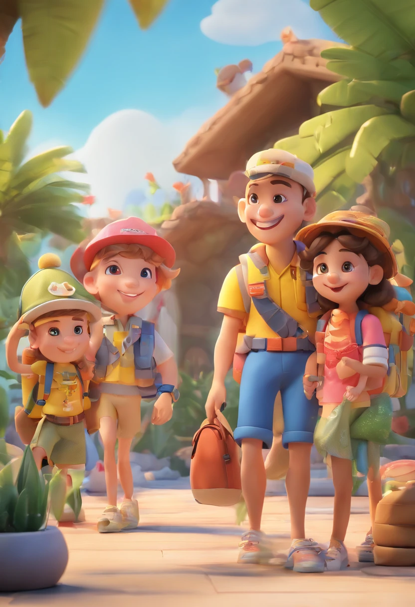 A family in cartoon style carrying backpacks on vacation with happy smiles, Palmeiras, Front view, fundo branco todo, design de streetwear, vetor pro, Apenas 10 cores, solid colours, sem sombras, design completo, cores frias, etiqueta, cores brilhantes