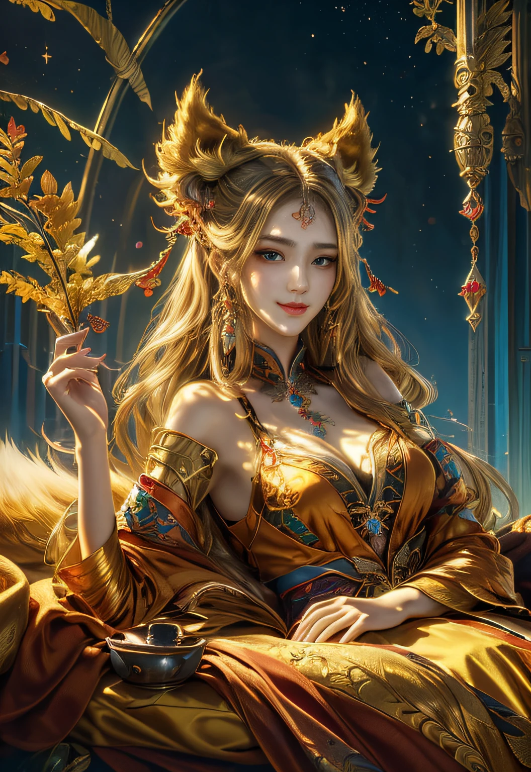 (masterpiece、top-quality、top-quality、Official art、Beautifully Aesthetic:1.2)、(1girl in)、ighly detailed、(Fractal Art:1.3)、colourfull、highestdetailed Golden Nine Tail Fox Golden background Soft smile breasts are large Soft expression A smile Facing straight ahead The body is also front Lying down