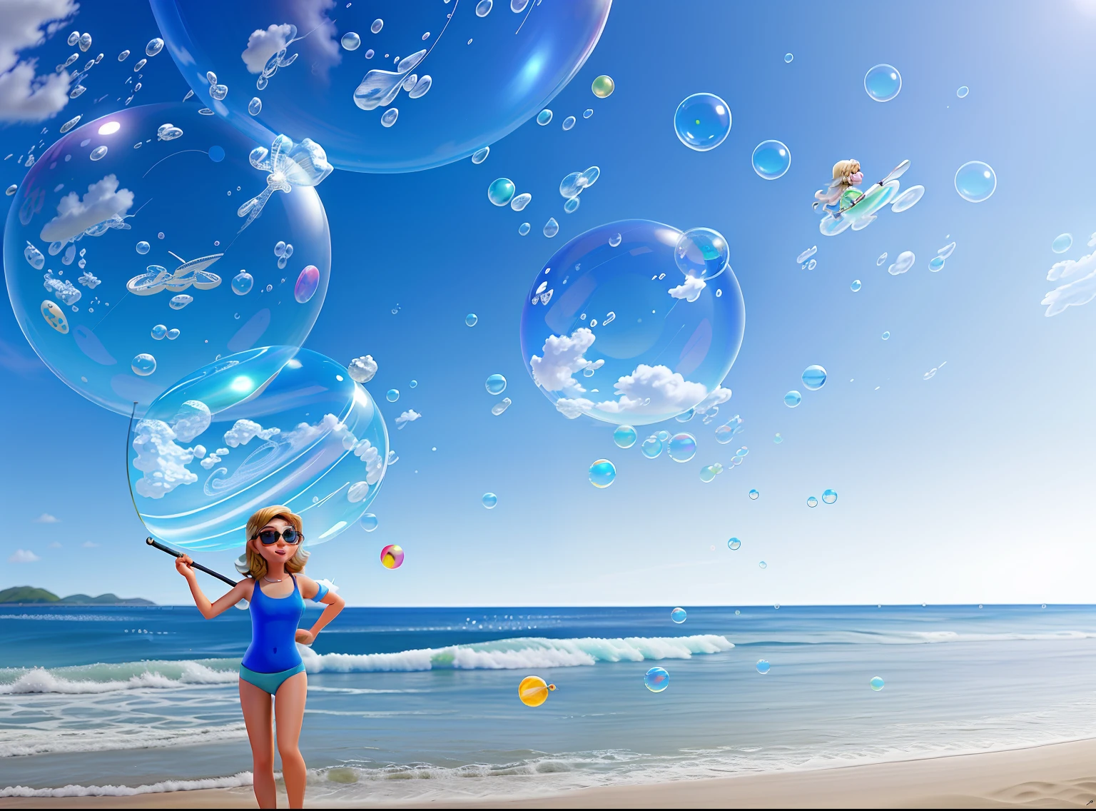 Poster no estilo Disney pixar, alta qualidade, melhor qualidade, Woman on the beach in swimsuit, Making Giant Soap Bubbles With Fishing Rod, com cabelo curto cacheado, sunglasses