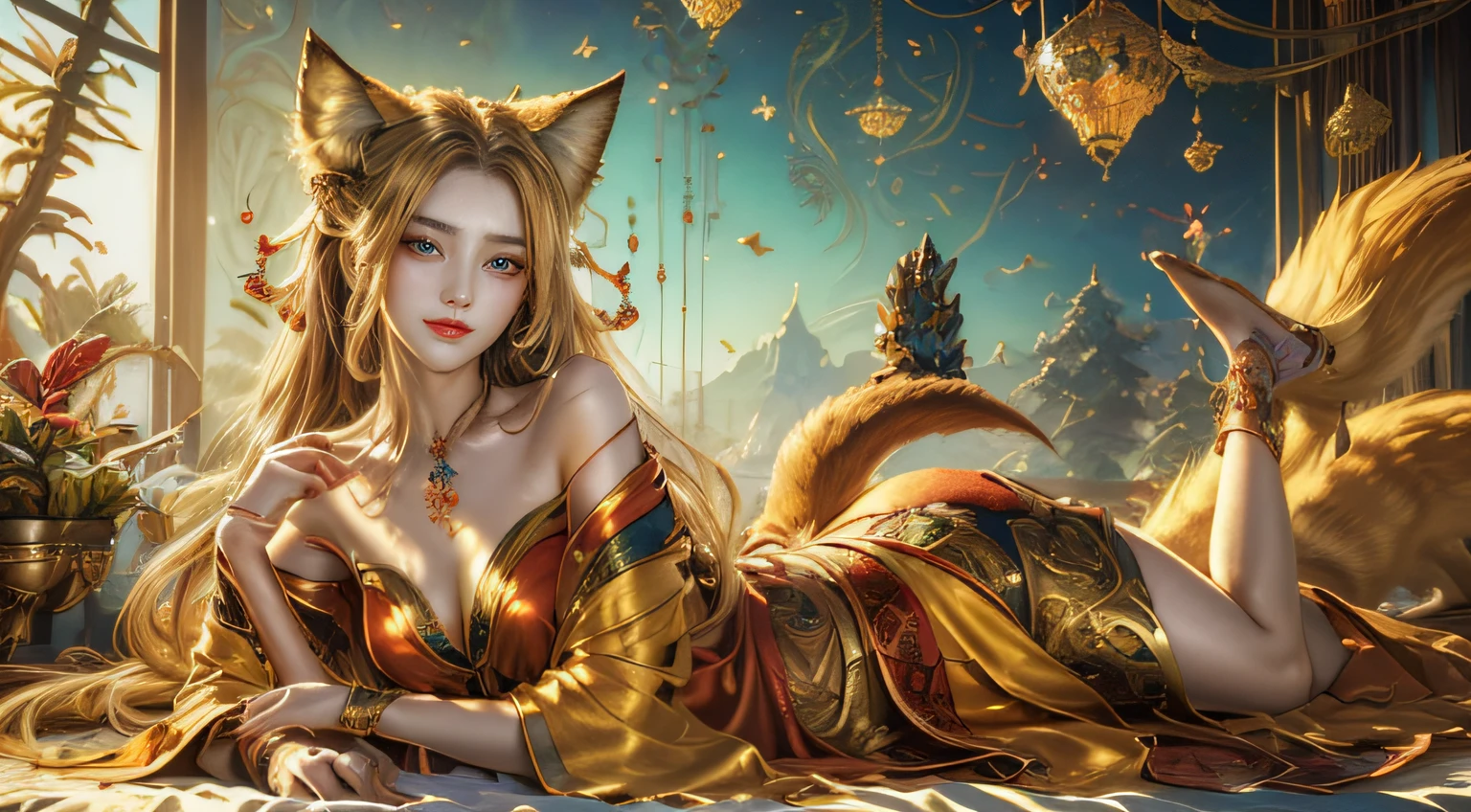 (masterpiece、top-quality、top-quality、Official art、Beautifully Aesthetic:1.2)、(1girl in)、ighly detailed、(Fractal Art:1.3)、colourfull、highestdetailed Golden Nine Tail Fox Golden background Soft smile breasts are large Soft expression A smile Facing straight ahead The body is also front Lying down