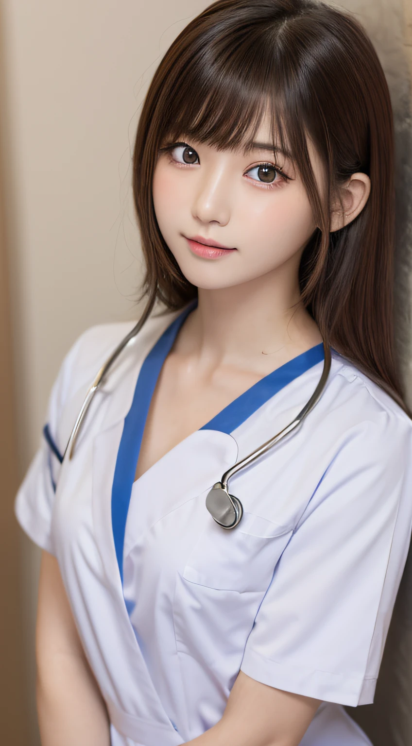 masutepiece, Best quality, One girl, (Beautiful girl:1.3), (18 years old:1.3), Very fine eye clarity, (Symmetrical eyes:1.3), (nurse costume:1.2), Beautiful breasts, Brown eyes, Parted bangs, Brown hair