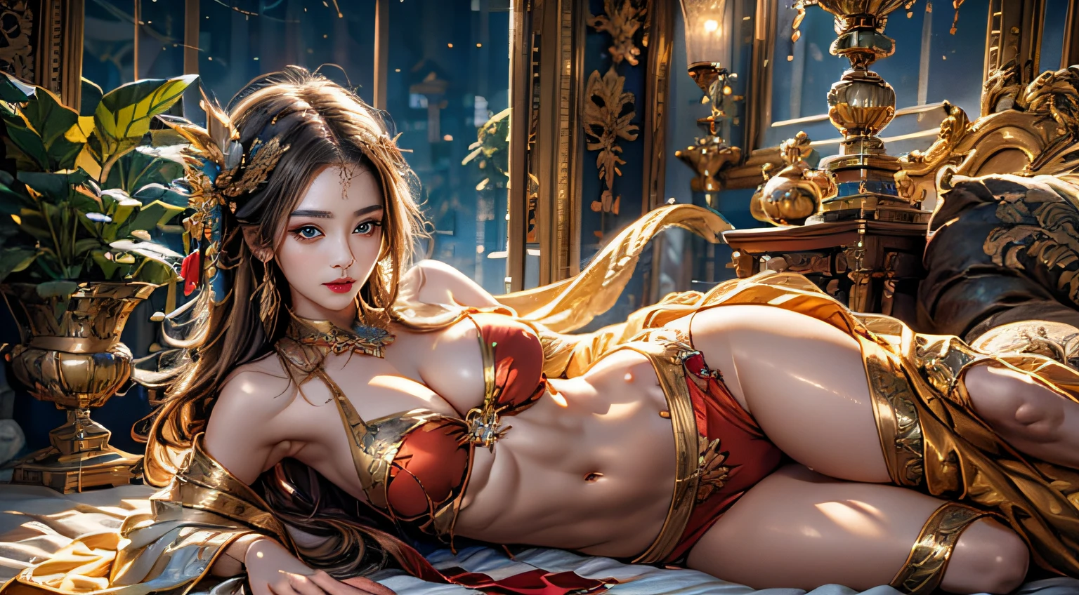 (​masterpiece、top-quality、top-quality、Official art、Beautifully Aesthetic:1.2)、(1girl in)、ighly detailed、(Fractal Art:1.3)、colourfull、highestdetailed　Golden Nine Tail Fox　Golden background　Soft smile　breasts are large　Soft expression　A smile　Facing straight ahead　The body is also front　Lying down