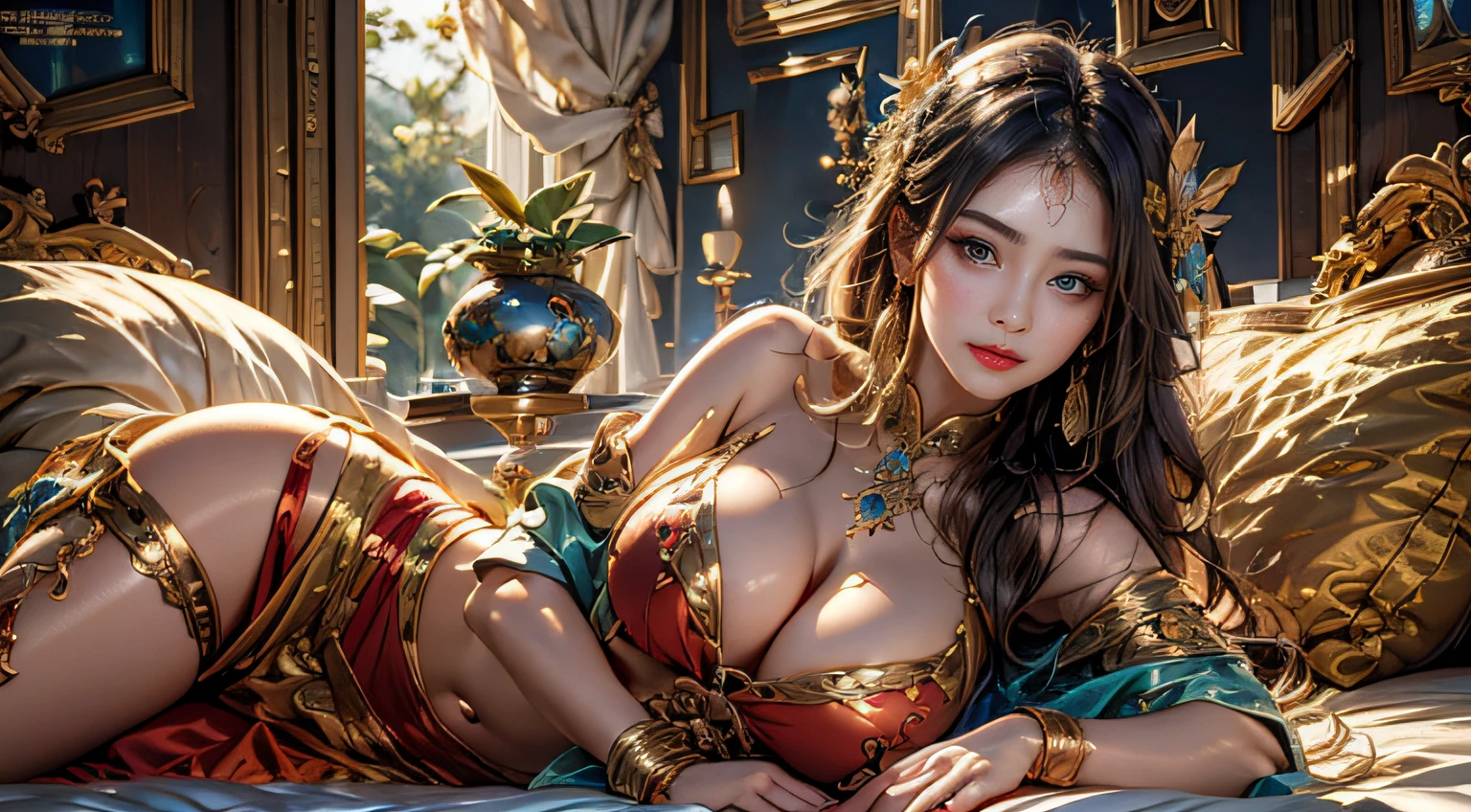 (​masterpiece、top-quality、top-quality、Official art、Beautifully Aesthetic:1.2)、(1girl in)、ighly detailed、(Fractal Art:1.3)、colourfull、highestdetailed　Golden Nine Tail Fox　Golden background　Soft smile　breasts are large　Soft expression　A smile　Facing straight ahead　The body is also front　Lying down