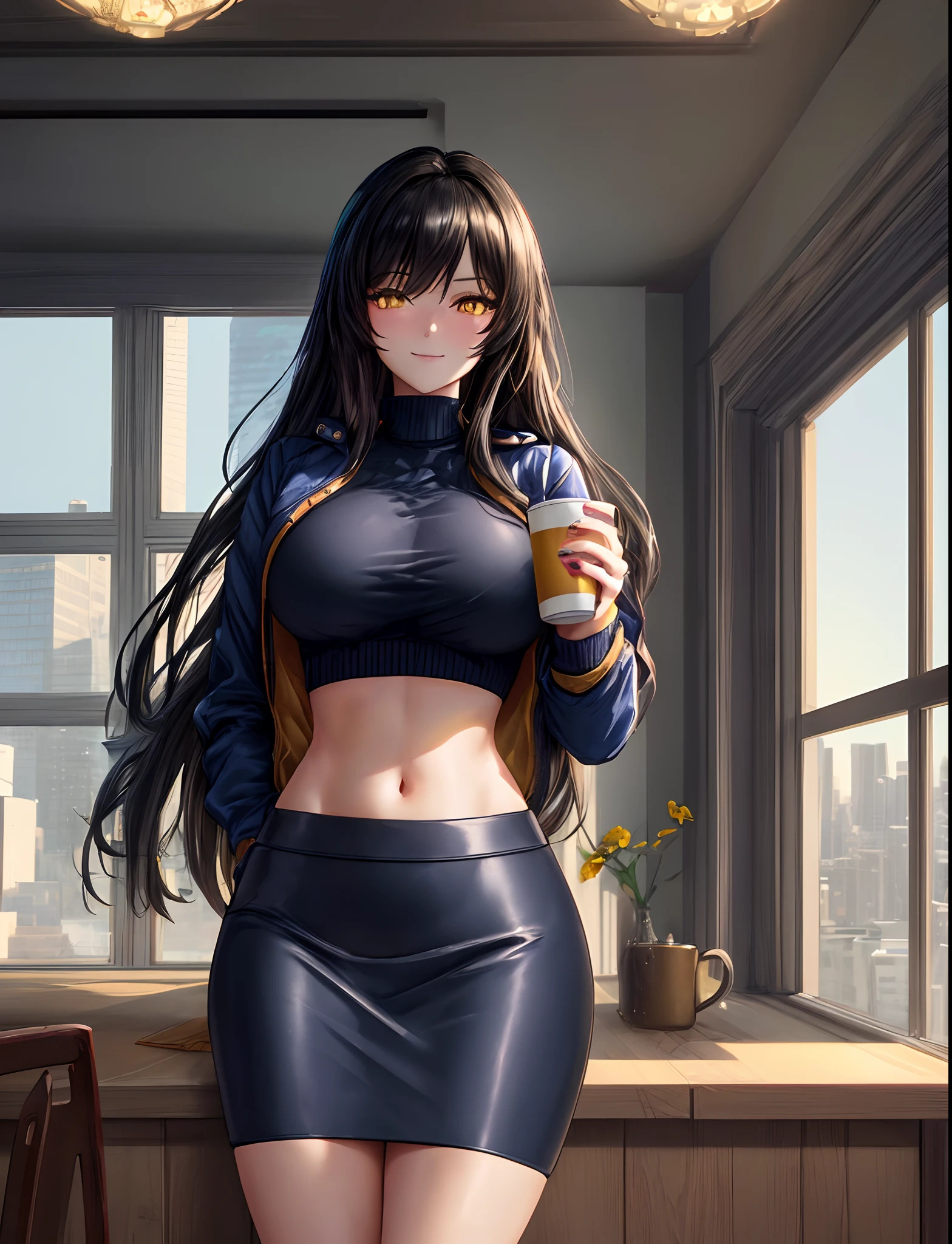 (extremely detailed CG unity 8k wallpaper), (((masterpiece))), (((best quality))), ((ultra-detailed)), (((illustration))), (best shadow), ((an extremely delicate and beautiful)), (detailed light), (well designed face), amazing face, (super detailed), cinematic shot, beautiful detailed eyes, detailed background, 1girl, long hair, very long hair, ((black hair)), huge breasts, (((yellow pupils))), glowing eyes, smirk, bewitching thighs, first rate female bodies, cafe, jacket, open jacket, sweater, blue sweater, pencil skirt, large steel windows viewing a city, interior design, a cup of tea in hand, crop top, spread navel,