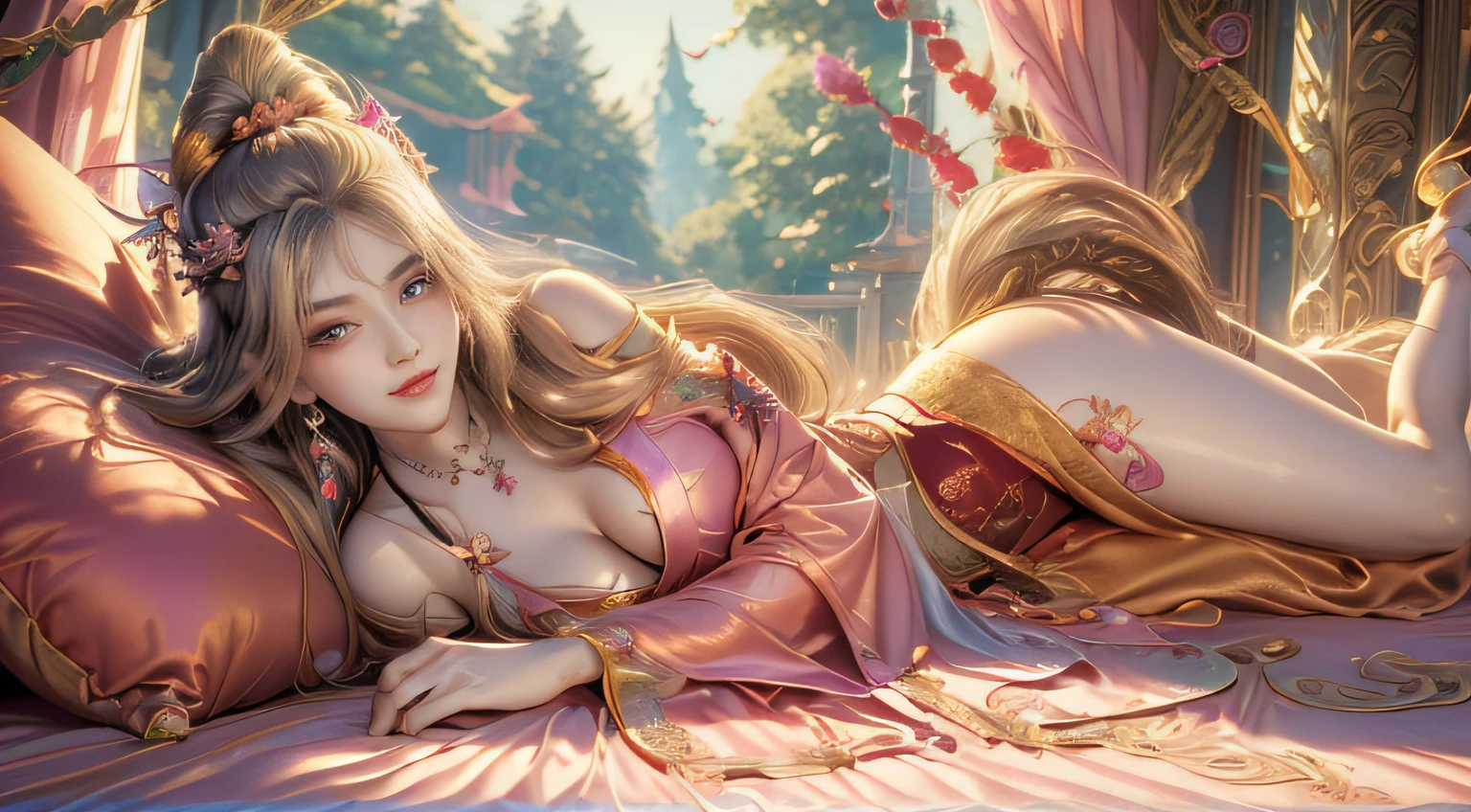 (​masterpiece、top-quality、top-quality、Official art、Beautifully Aesthetic:1.2)、(1girl in)、ighly detailed、(Fractal Art:1.3)、colourfull、highestdetailed　Soft smile　breasts are large　Soft expression　A smile　Pink Ninetail　foxes　Breasts are big　showy　Gold background　Happy　Very bright　pink there　pink there　Facing the front　Bangs are parting, lying down(full body view)