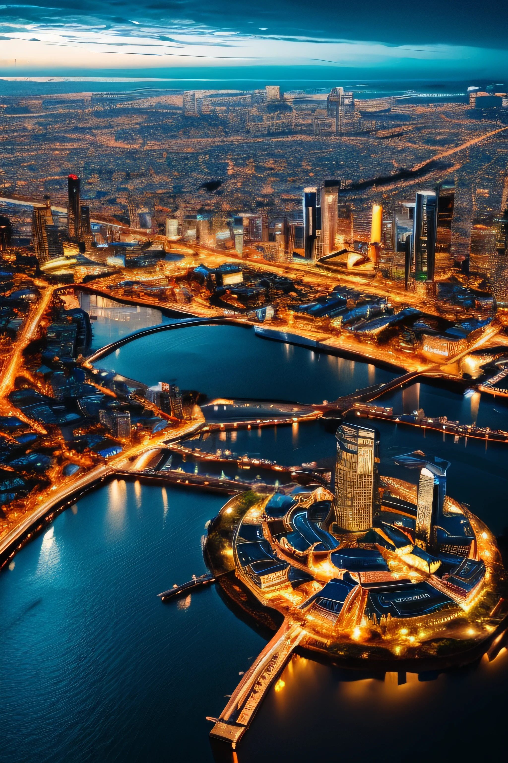 A super technological city with tall buildings, Abaixo d'agua, Buildings illuminated with colored lights, fundo escuro, Underwater view of civilization from above, Ultra realista, Muitos detalhes