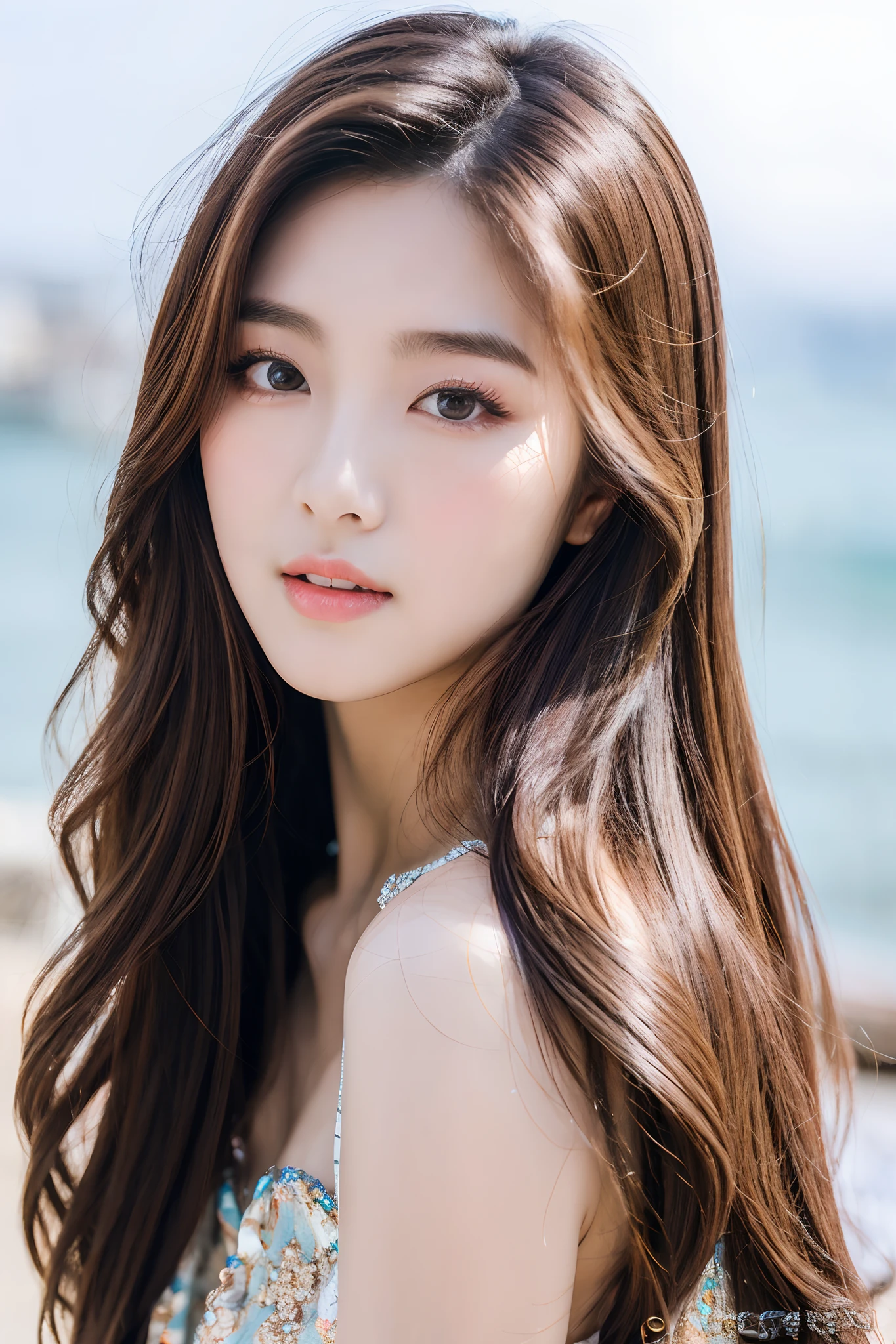 Portrait of a 25-year-old Korean woman, Brown hair, Wearing a fancy dress, Perfect Eyebrows, perfect lips, Perfect nose, professional color graded, stunning woman, Cute Korean Girl, Sharp focus, Long hair, Seafront, Natural skin sharp features,Model,full body image,View from the camera, Natural skin sharp features