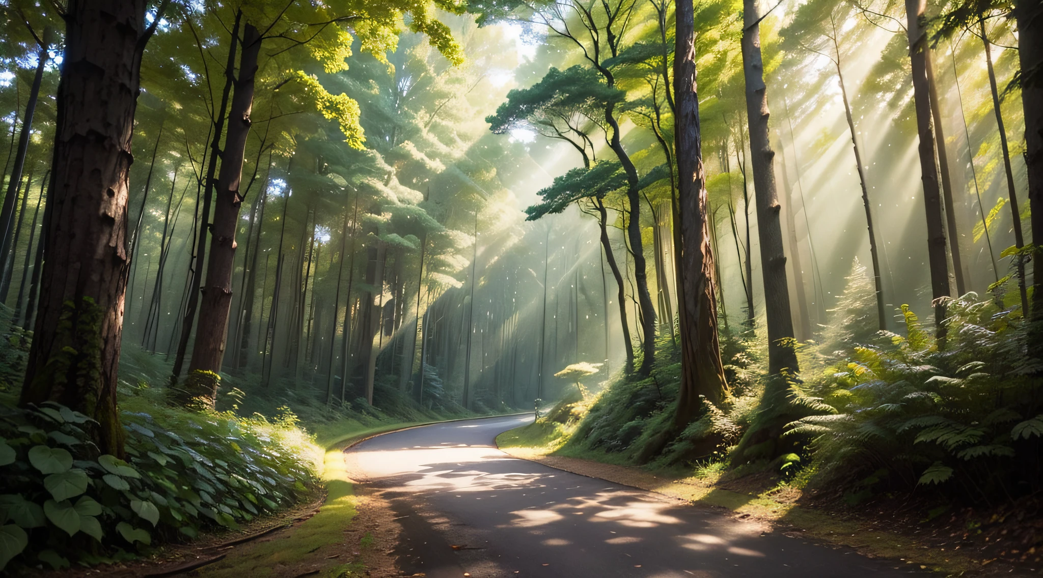 Design a captivating and immersive image that transports viewers into a dense and enchanting forest. The focal point of the image should be a winding road, partially obscured by the surrounding trees and foliage, leading deeper into the heart of the forest.
Capture the dappled sunlight filtering through the leaves, creating an interplay of light and shadow on the forest floor. The road should be partially covered with fallen leaves, evoking a sense of a peaceful journey through nature.
Include a variety of trees, some with vibrant green leaves and others with autumnal colors, to emphasize the changing seasons and the diversity of the forest. Birdsong and the sound of rustling leaves should create an auditory backdrop to the scene.
The image should convey a feeling of serenity, a connection with nature, and the allure of adventure along an inviting forest road. It should inspire viewers to embrace the tranquility and beauty of the natural world as they mentally embark on a journey through this forested landscape.