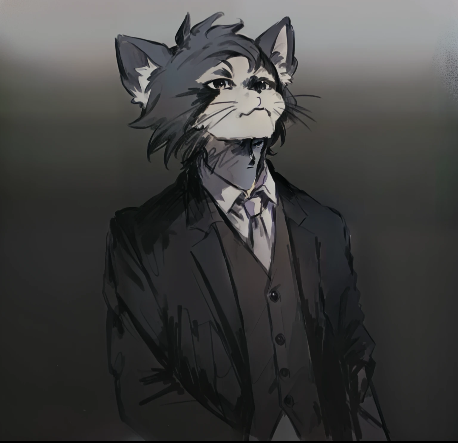 There is a cartoon cat wearing a suit and tie, an anthro cat, a raccoon wearing formal clothes, professional furry drawing, he is wearing a suit, anthro cat, art in the style of joshy sly, ashfur from warrior cats, dressed in a suit, in his suit, he looks very sophisticated, anthropomorphic cat