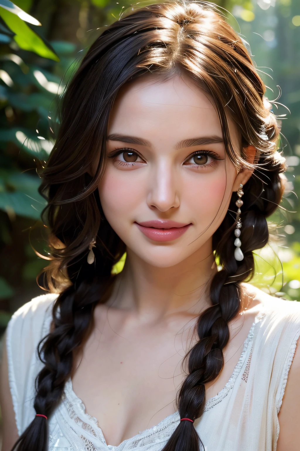 (pixer style: 1.25) portrait of girl, Natalie portman, Smiles, Natural Skin Texture, 4K textures, nffsw, with an intricate, Highly detailed, Sharp Focus, Cinematic Look, ultra-detailliert、(In front of a waterfall in the forest)、With smiling eyes、Colossal tits、Curly hair in braids、((facial close-up)))、