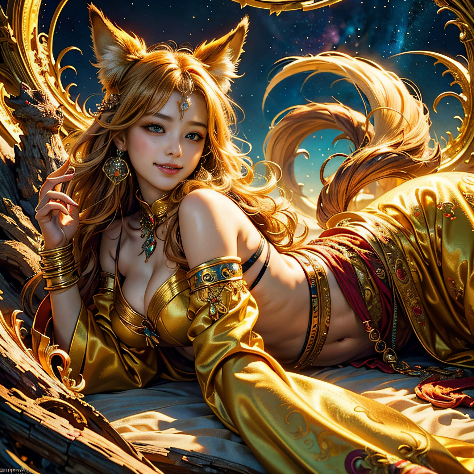 (​masterpiece、top-quality、top-quality、Official art、Beautifully Aesthetic:1.2)、(1girl in)、ighly detailed、(Fractal Art:1.3)、colourfull、highestdetailed　Golden Nine Tail Fox　Golden background　Soft smile　breasts are large　Soft expression　A smile　Facing straight ahead　The body is also front　Lying down