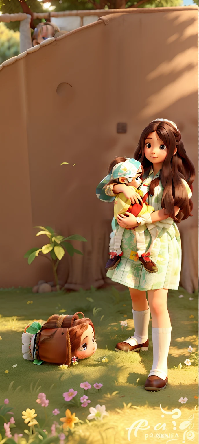 A girl with long hair, usando vestido, Holding baby on my lap, She has an indigenous appearance, in the background a lawn and next to it a tree planted