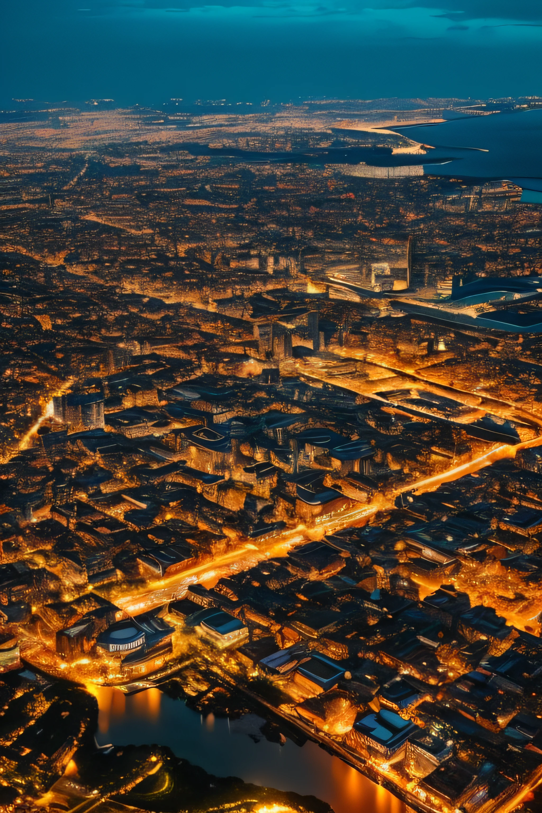 A super technological city with tall buildings, Abaixo d'agua, Buildings illuminated with colored lights, fundo escuro, Underwater view of civilization from above, Ultra realista, Muitos detalhes
