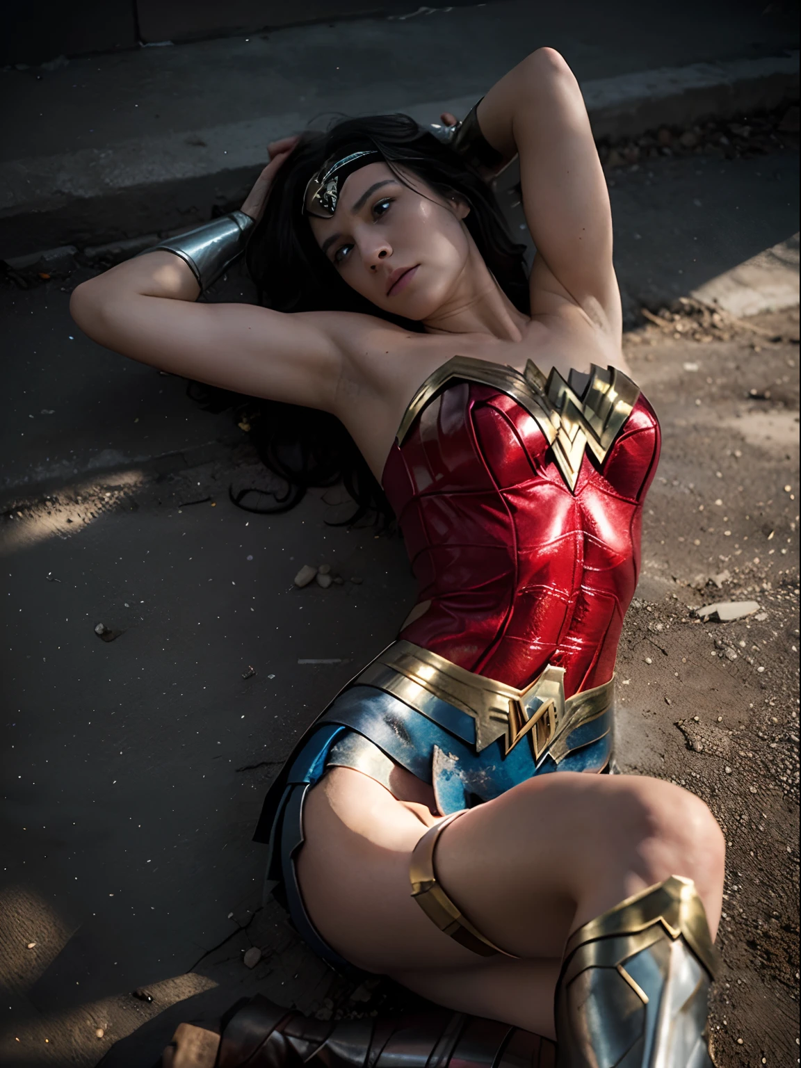 Una mujer con un disfraz de maravilla sentada en una pared, Gal Gadot as the Lord of Hell, Mujer Maravilla, Vestida como Wonder Woman, hybrid of gal gadot, Pintura sexy de Gal Gadot, cosplay realista, superhero body, Gal Gadot como Wonder Woman, Gal Gadot, Retrato de Wonder Woman, Foto sincera de Gal Gadot, Foto de la belleza Gal Gadot