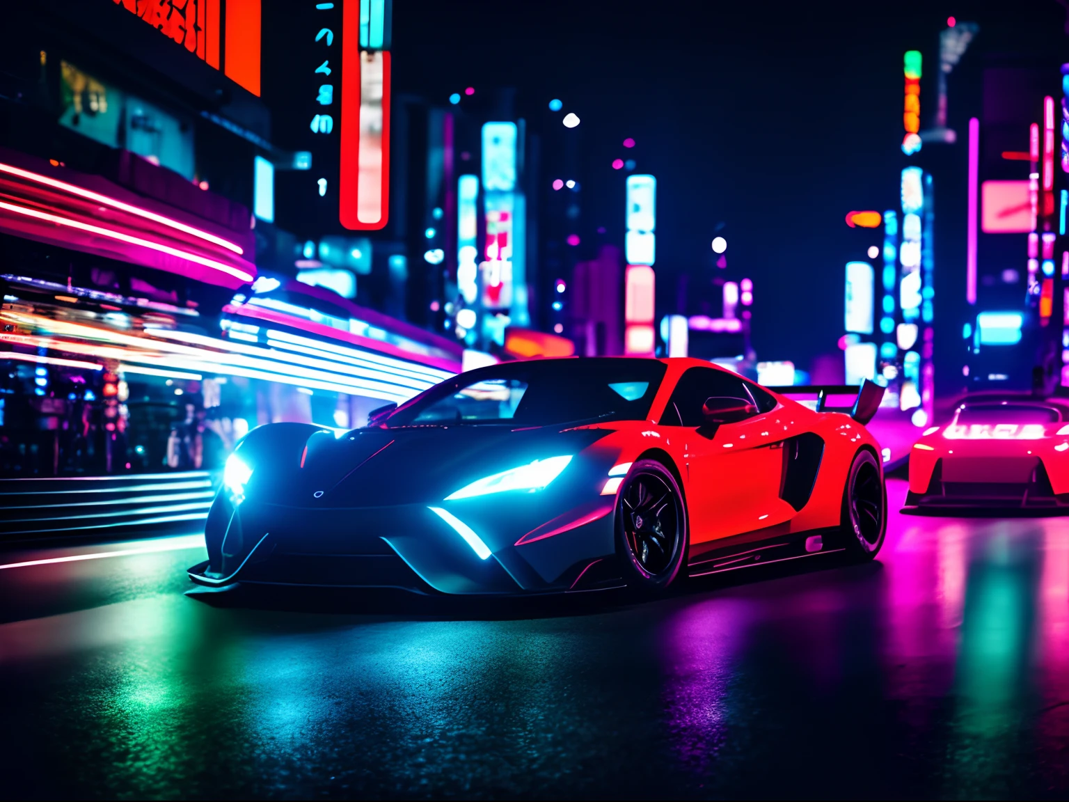Cinematic shot [supercar] on illegal race on [Tokyo Streets], [at night, neon lighting], [low angle], action scene, dynamic action, film grain, motion blur, Epic realism, raw photo, highly-detailed, 8k, in the style of Tokyo Drift