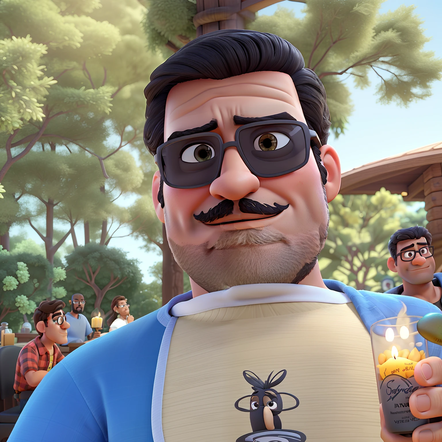 Poster no estilo Disney pixar, alta qualidade, melhor qualidade, homem sexy branco, 40 anos cabelo preto e barba preta, musculoso, with professional camera, Black eyes and glasses with background in a candlelight restaurant