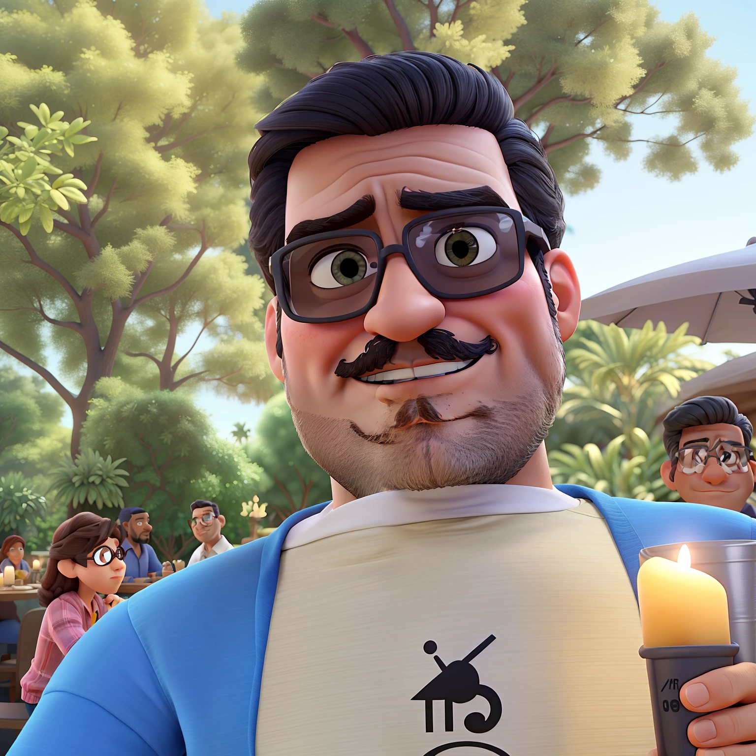 Poster no estilo Disney pixar, alta qualidade, melhor qualidade, homem sexy branco, 40 anos cabelo preto e barba preta, musculoso, with professional camera, Black eyes and glasses with background in a candlelight restaurant