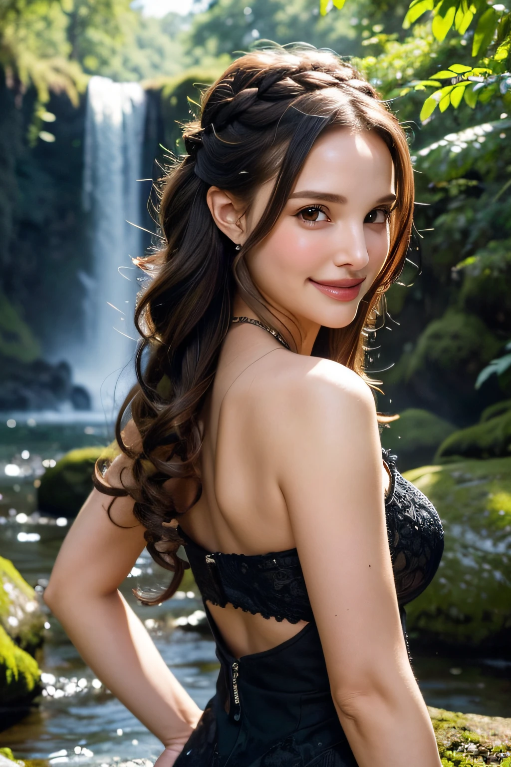 (pixer style: 1.25) portrait of girl, Natalie portman, Smiles, Natural Skin Texture, 4K textures, nffsw, with an intricate, Highly detailed, Sharp Focus, Cinematic Look, ultra-detailliert、(In front of a waterfall in the forest)、With smiling eyes、Colossal tits、Curly hair in braids、view from back、