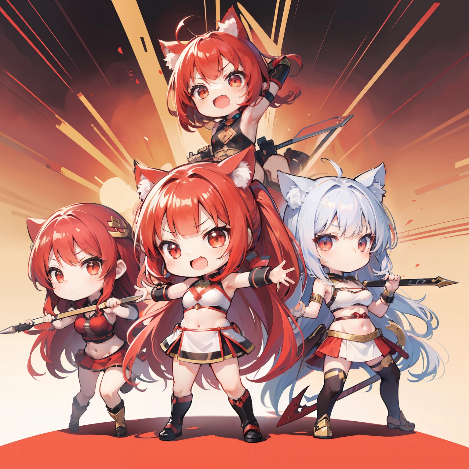 Chibichara Long hair with red lovely hair((Chibi Chara))、Hoplites、Hoplite Costume、With weapons、Hoplite Pose、girl with、Chibi Chara、full body Esbian、Pastel colors hair、masutepiece、top-quality、Nekomimi