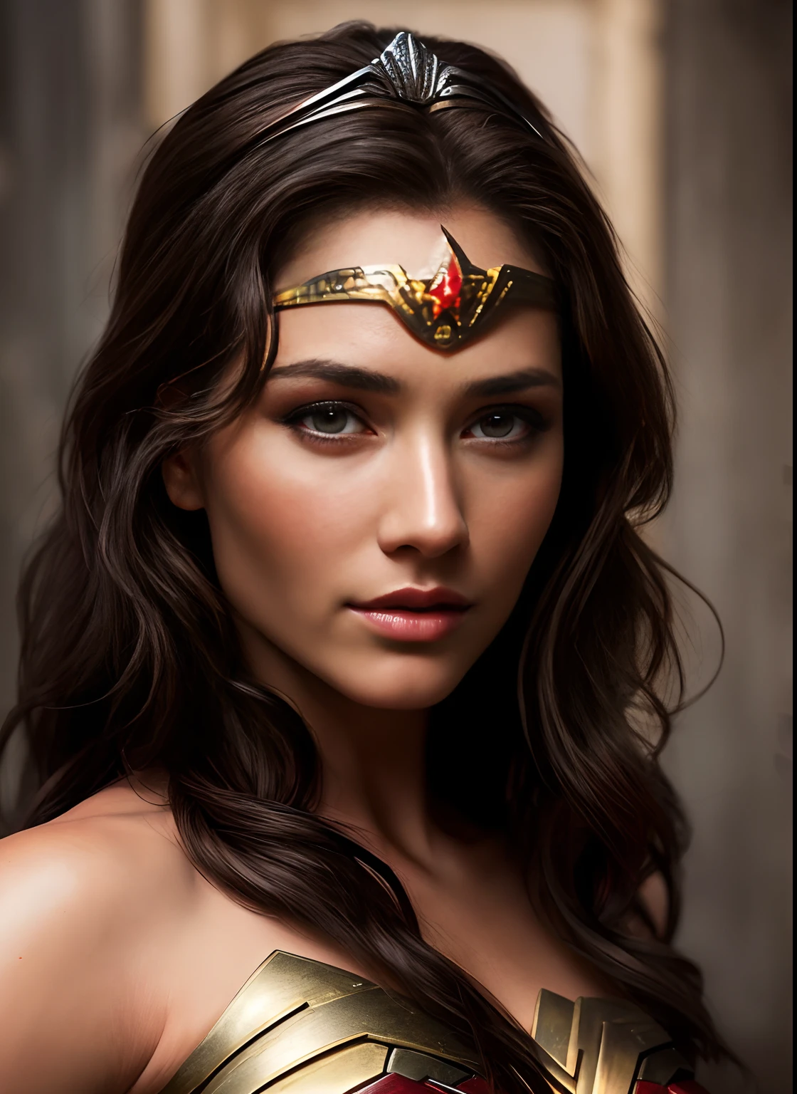 (Retrato impressionante da Mulher Maravilha), (Ultra-realistic 16K resolution), Ana de Armas, a talentosa atriz, lindamente vestida como Mulher Maravilha, in a breathtaking costume that perfectly captures the essence of the iconic superhero, seu cabelo escuro fluindo com movimento realista, Lovely brown eyes with realistic pupils and irises, Radiant and flawless skin with natural pores, Strong physique and in shape befitting the powerful Amazonian warrior, Confidently embodying the heroic personality, adorned with Wonder Woman's iconic Tiara, bracelets and bow, surrounded by a realistic setting that depicts a heroic and dynamic setting, Realistic lighting that increases realism and depth of portrait.