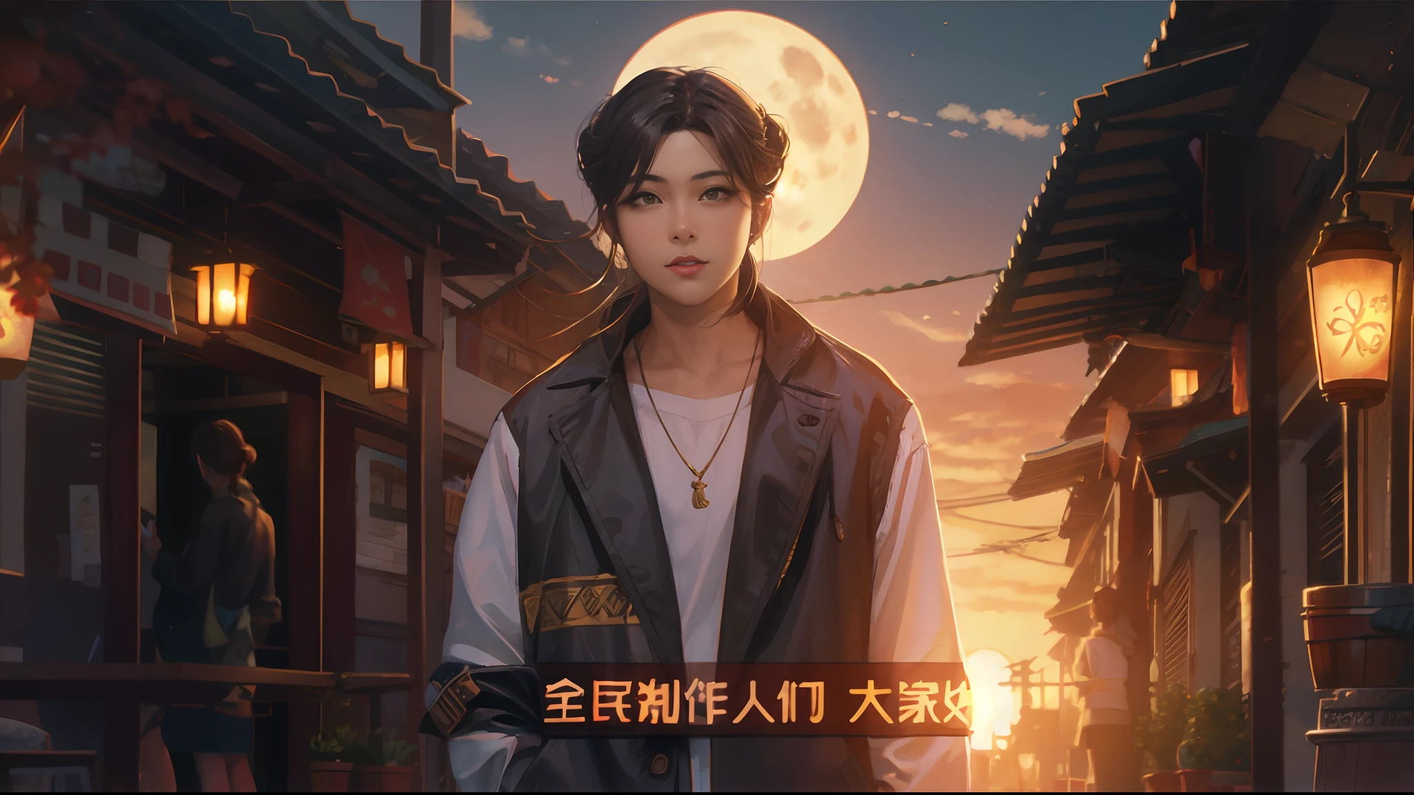 the sunset，eventide，evening light，middle parted hairstyle