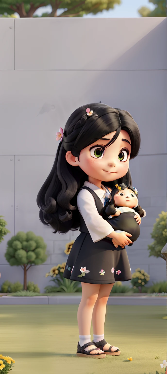a young woman with long black hair, wearing a black dress with a flower design, Her eyes are of the Japanese type, she has a chubby body, she is holding her memino on her lap, who is wearing a white blouse and blue pants, her baby she has mohawk hair, she wears pink flip-flops, in the background there is a gray wall and they are on a very green lawn, there is a newly planted tree next to them