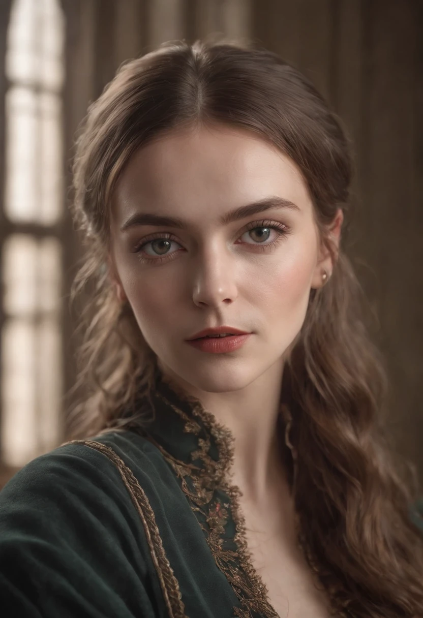 Portrait of a beautiful female from 1700,  Rosto detalhado perfeito, detailed symmetric circular iris, cabelos longos, cabelos pretos, Realistic, olhos greem, stunning realistic photography Norwegian character, 3D-rendering, octan render, intrinsecamente detalhado, Cinematic lighting, Foto de capa hiper detalhada centralizada, awesome full color, Hand drawn, Escuro, lo gothic, corajoso, 12k, High definition, cinemactic, Neoprene, Vencedor do concurso Behance, Retrato em destaque no Unsplash, arte digital estilizada, estilo de arte anime, liso, Ultra High Definition, 8k, Motor Unreal 5, Ultra sharp focus, obra-prima de arte intrincada, agourento, epics, TanvirTamim, trending on ArtStation, altamente detalhado, vibrante