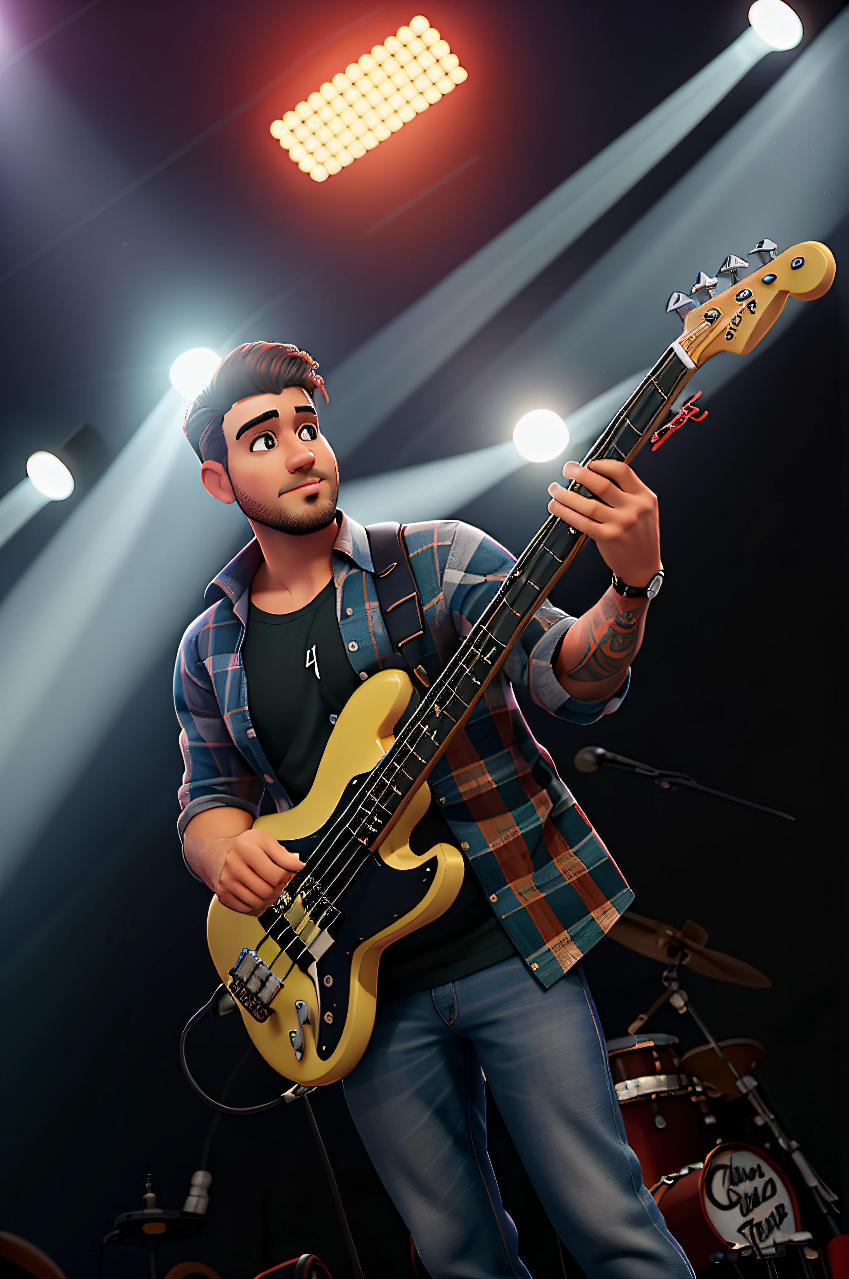 homem moreno, 32 anos, cabelos pretos, olhos pretos, standingn, tocando contrabaixo Jazzbass Fender cor branco. Luzes de show ao fundo.