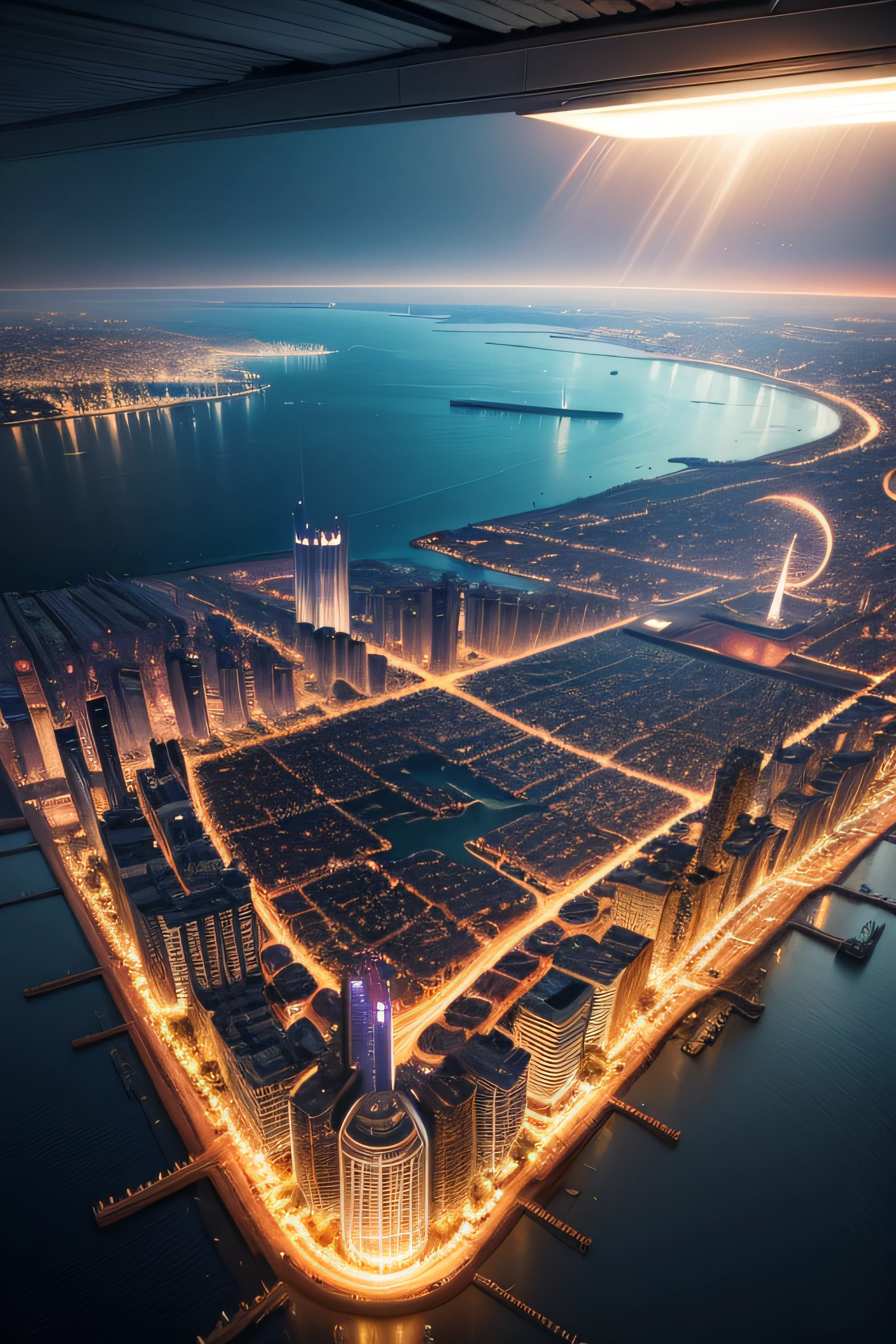 A super technological city with tall buildings, Abaixo d'agua, Buildings illuminated with colored lights, fundo escuro, Underwater view of civilization from above, Ultra realista, Muitos detalhes