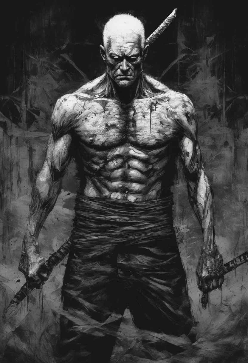 Macabre style, dark, gothic, grim, haunting, highly detailed, bodybuilder with shaved head, very tall, arms on head, (white but beautiful:1.4), (masterpiece, best quality:1.4), in the style of nicola samori, UHD, retina, masterpiece, accurate, textured skin, anatomically correct, super detail, high details, award winning, high quality, best quality, highres, 4K