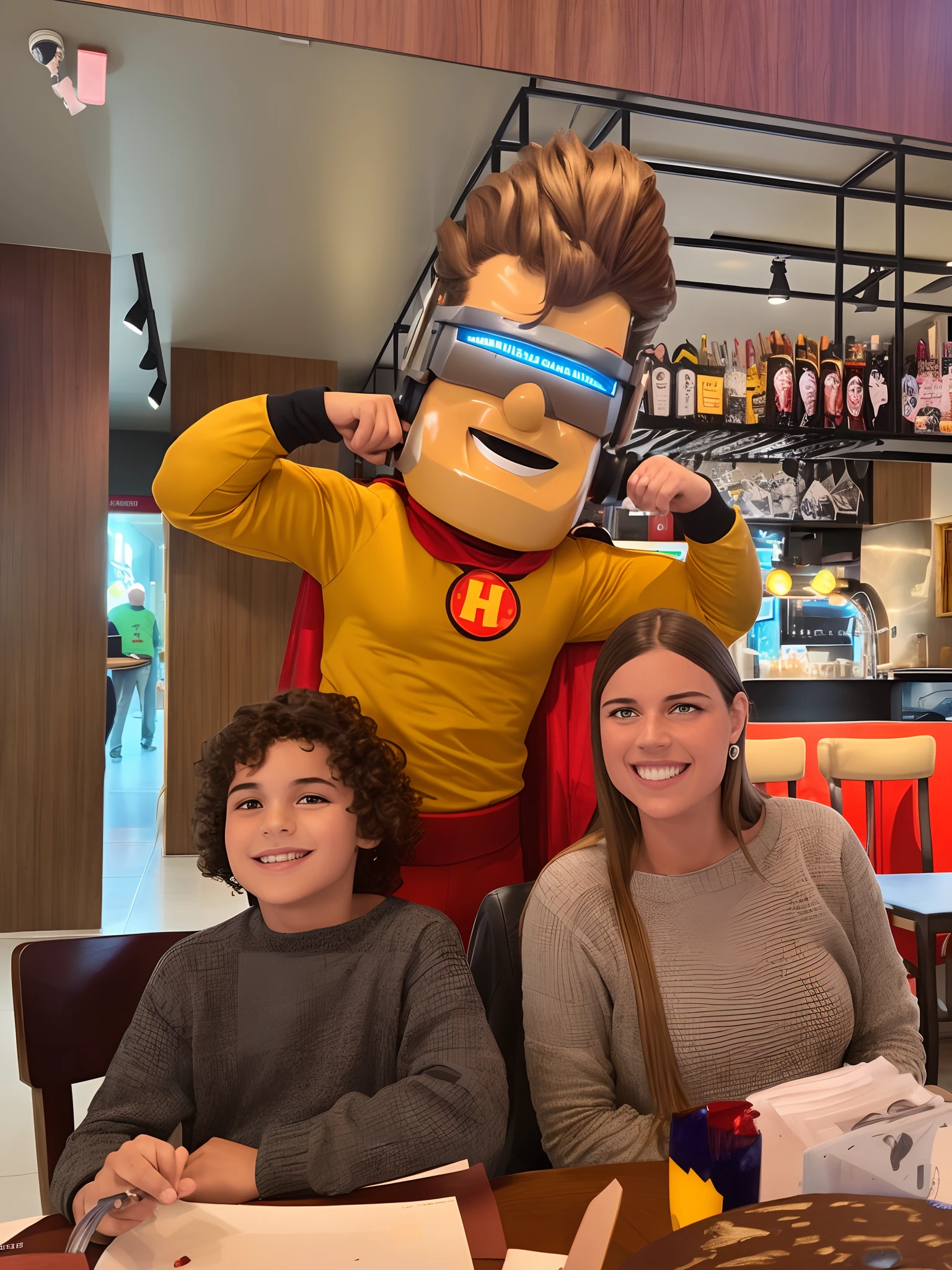 There are two women sitting at a table with a mascot in the background, with a kid, wearing red and yellow hero suit, pixar retrato 8 k foto, com dois personagens, por Romain brook, wearing hero costume, pixar 8 k foto, super high resolution, soy fan de quino, 3D Pixar, 🕹️ 😎 🔫 🤖 🚬, hero